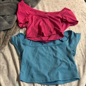 Stylish Pink and Blue Off-Shoulder Ribbed Tops